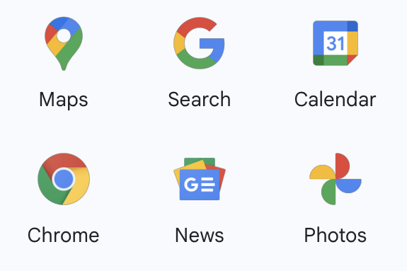 Screenshot of Google’s App icons as an example for a distinctive, recognisable brand colour combination